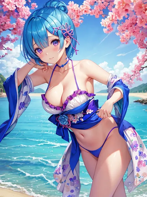 masterpiece, highest quality, Super detailed ,Rem,Re:zero,blue hair girl on the beach, cute face,cute,Charm女の子,short hair,  beautiful girl. detailed digital art, smooth CG art, kimono,Charm女の子, armpit, cute pose, beautiful breasts,big breasts,Charm,Ryukyu ...