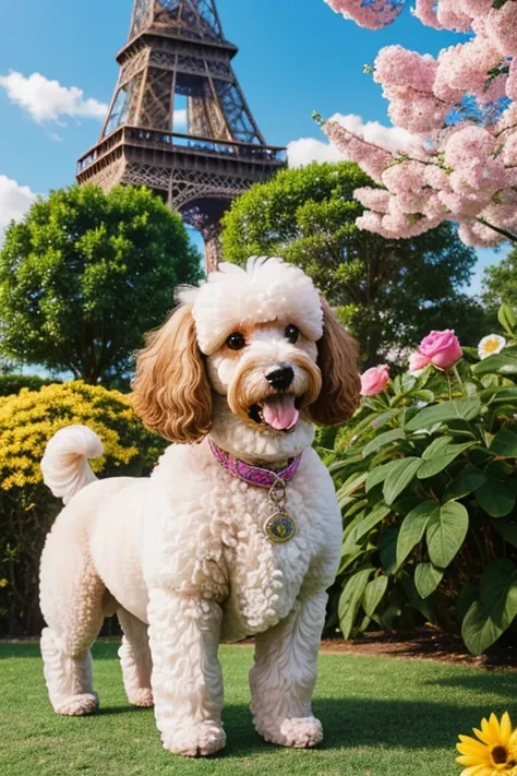  In the background, the beautiful Eiffel, beautiful sky and a radiant sun illuminating the environment, Photography from different angles, Dog looking in different directions, dynamic photography, Foto de perto Poodle tosado, brincando com rosas dentro da ...