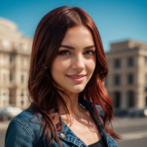 Hyper-realistic, highly detailed, Very cute female, bright red hair, green eyes, clothes black shirt, blue jeans, beautiful background. Smiling. 70mm lens