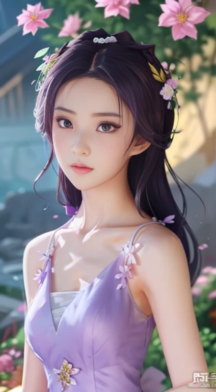 a close up of a woman in a purple dress with flowers, beautiful alluring anime woman, trending on cgstation, ilya kuvshinov. 4 k, seductive anime girl, realistic. cheng yi, guweiz, gorgeous chinese model, artwork in the style of guweiz, chinese girl, trend...