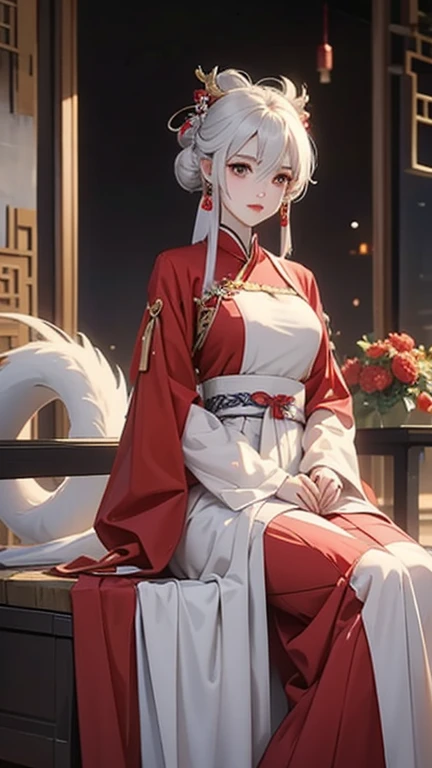 A woman in a red dress sits at the table，Holding a banner in hand，Happy New Year written on the banner，happy smile，旁边是一条小white dragon, white hair, Onmyoji, white dragon, 《Genshin》Keqing in, white hair, white dragon女 动漫女神，Long-sleeved clothes，red high heels...