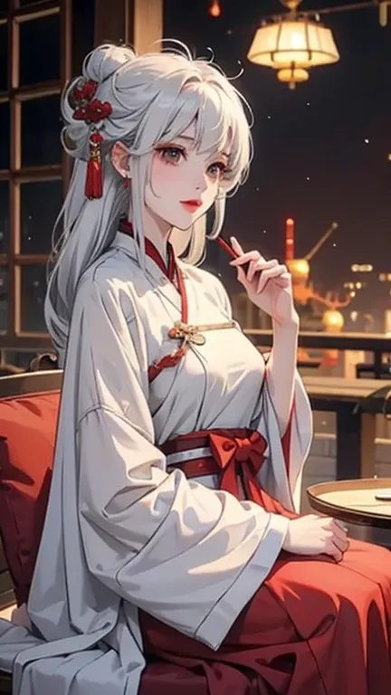 A woman in a red dress sits at the table，Holding a banner in hand，Happy New Year written on the banner，happy smile，旁边是一条小white dragon, white hair, Onmyoji, white dragon, 《Genshin》Keqing in, white hair, white dragon女 动漫女神，Long-sleeved clothes，red high heels...