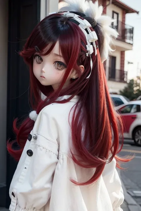 Cabello rojo y mechones blancos: Imagina a Rion con un cabello largo y rojo intenso que le llegue hasta la espalda. Add strategically placed white strands to add contrast and depth to the hairstyle