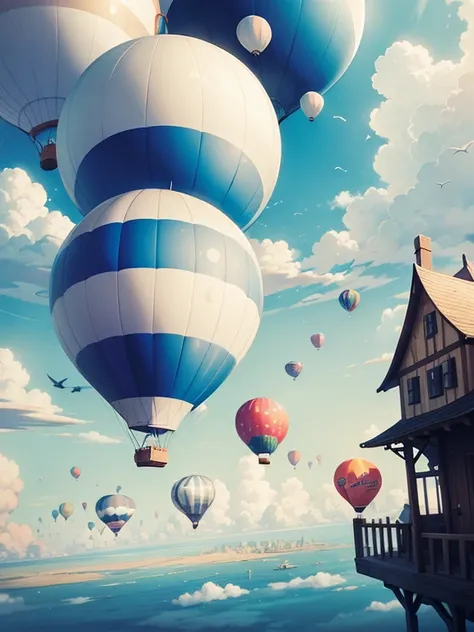 A whimsical floating city in the sky, houses on clouds, hot air balloons navigating, birds wearing hats flying by, a world where the ordinary meets the extraordinary, Illustration, digital drawing in Procreate