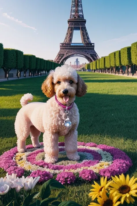 In the background, the beautiful Eiffel, beautiful sky and a radiant sun illuminating the environment, Photography from different angles, Dog looking in different directions, dynamic photography, Foto de perto Poodle tosado, brincando com rosas dentro da b...