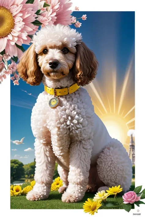 In the background, the beautiful Eiffel, beautiful sky and a radiant sun illuminating the environment, Photography from different angles, Dog looking in different directions, dynamic photography, Foto de perto Poodle tosado, brincando com rosas dentro da b...