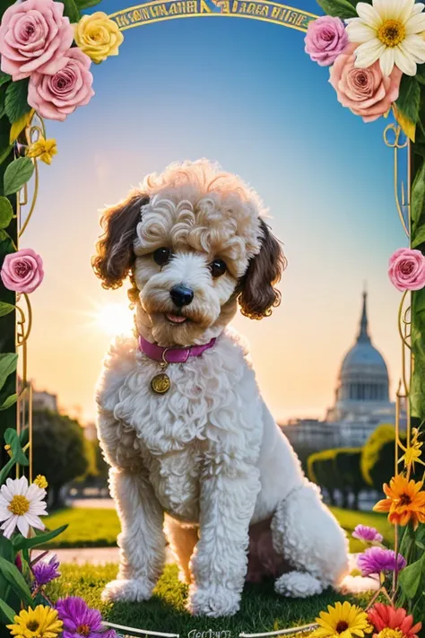 In the background, the beautiful Eiffel, beautiful sky and a radiant sun illuminating the environment, Photography from different angles, Dog looking in different directions, dynamic photography, Foto de perto Poodle tosado, brincando com rosas dentro da b...