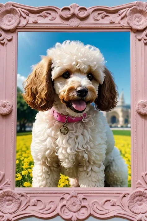 In the background, the beautiful Eiffel, beautiful sky and a radiant sun illuminating the environment, Photography from different angles, Dog looking in different directions, dynamic photography, Foto de perto Poodle tosado, brincando com rosas dentro da b...