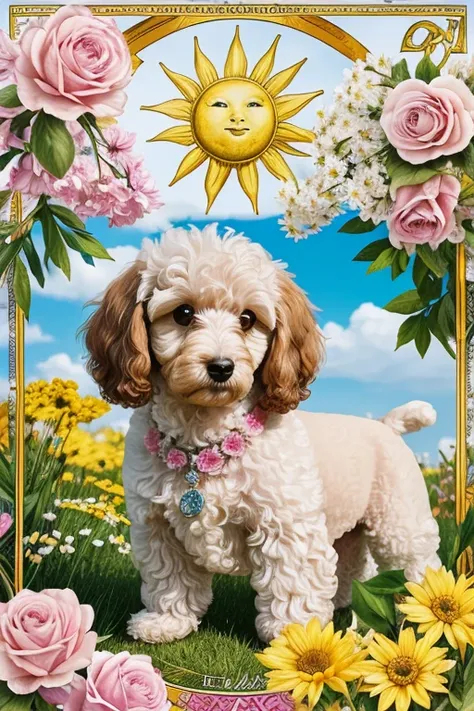 In the background, the beautiful Eiffel, beautiful sky and a radiant sun illuminating the environment, Photography from different angles, Dog looking in different directions, dynamic photography, Close up photo funny cute poodle, tosado, brincando com rosa...