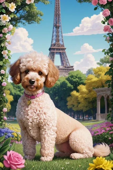 In the background, the beautiful Eiffel, beautiful sky and a radiant sun illuminating the environment, Photography from different angles, Dog looking in different directions, dynamic photography, Close up photo funny cute poodle, tosado, brincando com rosa...