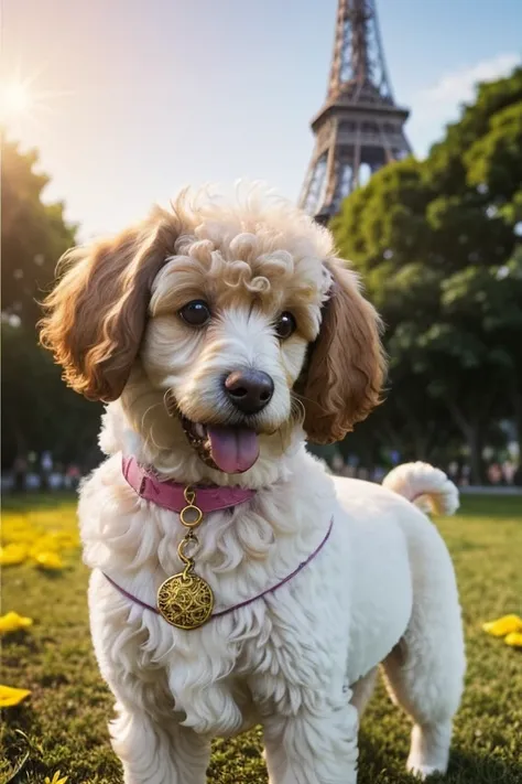 in the background, the beautiful eiffel, beautiful sky and a radiant sun illuminating the environment, photography from differen...