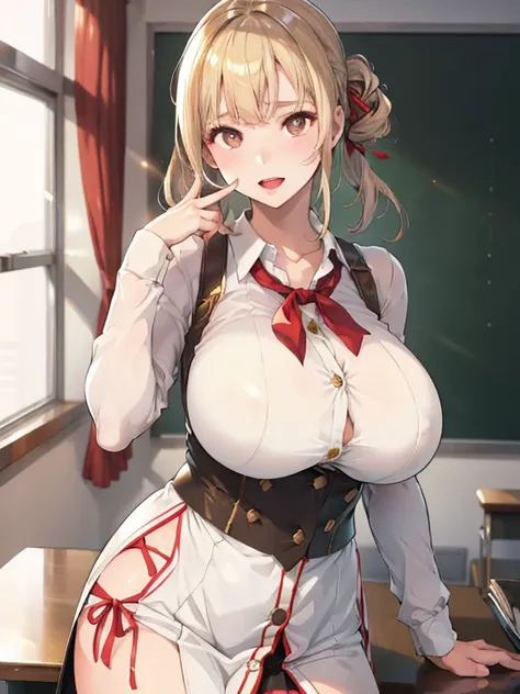 loose school uniform is sheer, button gap,(covered nipples:0.95),breasts,red white gold uniform,(side-tie peek:1.5),(button gap:1.5), white skirt, white top, red ribbon, golden buttons, golden shoulder pats, young adult, 19 years, blonde hair,half updo hai...