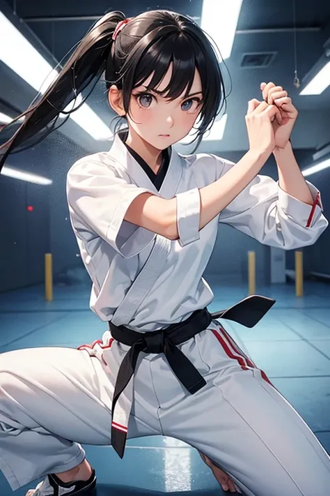 Plain clothing,Pure white karate uniform,White collar,karate stance,middle School girls,fighting girl,martial art,alone, 1 girl, looking at the viewer,three quarter sleeves,Martial arts hall,white pants,Plain white clothes,black hair,Black belt,action