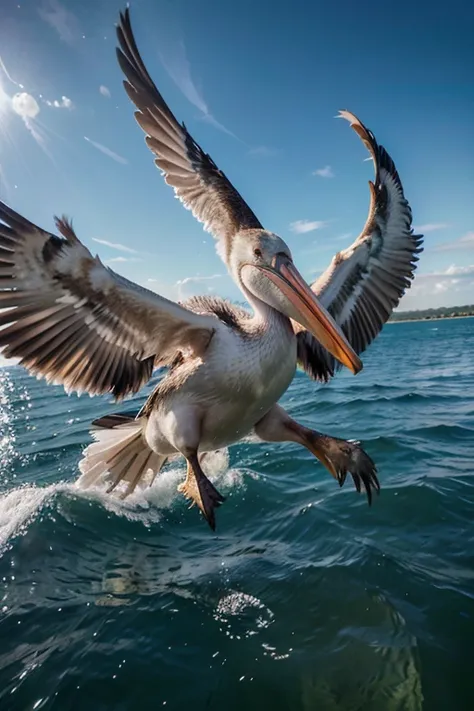 Hyper realism, wide format, HD, epic, in ultra-high focus. Capture that exact moment a magnificent pelican, diving from the air into the water to catch a fish, breaks the surface tension of the water, wings back as it drops at great speed. Stunning lightin...