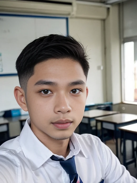 a selfie of a malay man, good looking,  ((light skin)),in the classroom, 19-year-old, ((very short hair)) bokeh