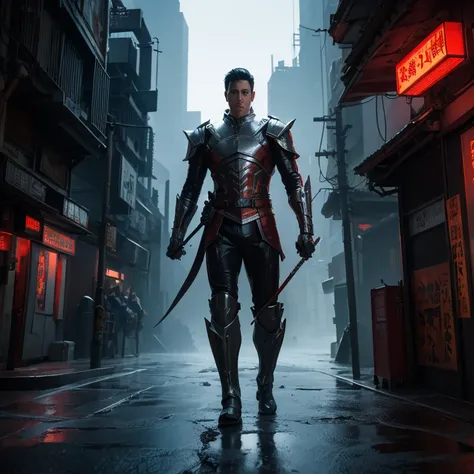 Science fiction and martial arts novels，The male protagonist is 27 years old，Excalibur in hand，Handsome，sharp eyes，Tall and mighty，Wearing a metal suit，Background cyberpunk city，CG