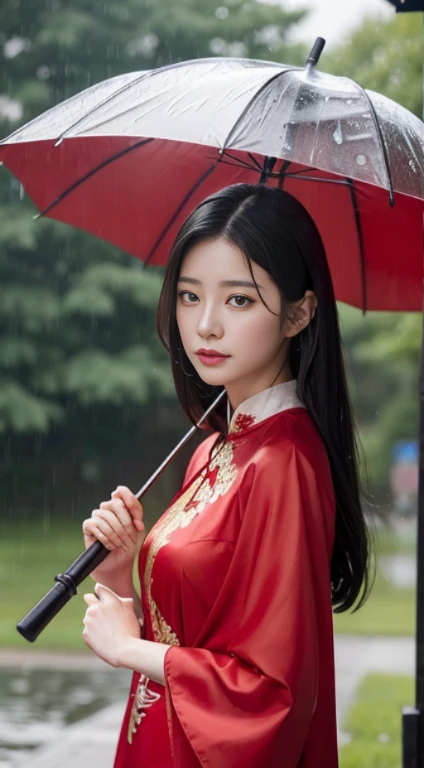 araffe asian woman in red dress holding umbrella in rain, gorgeous chinese model, beautiful asian girl, chinese girl, beautiful ...