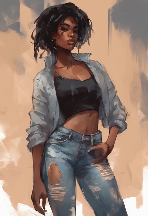 Portrait of black woman with straight hair wearing a crop top and ripped jeans