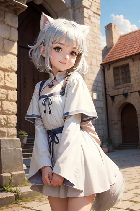 cute girl　little man　front　smile　silver hair　Canine ears　fluffy dog tail　Medieval square　The sun is shining