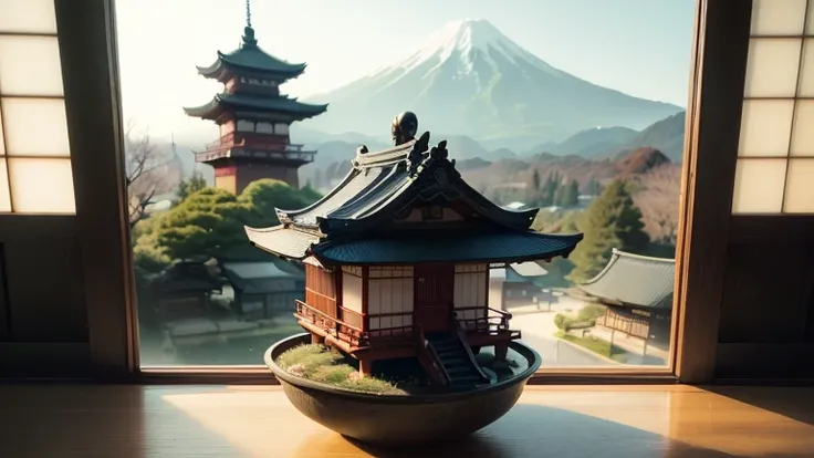 mini sence(TTP), (8K, OriginalPhotographs, Best quality, masterpiece:1.2), (Realistic:1.37),(japanese temple), Miniature, landscape,  (isometric), glass tank, in bowl, (8K, Best quality, masterpiece:1.2), (Realistic, photo-realistic:1.37), Ultra-detailed,K...