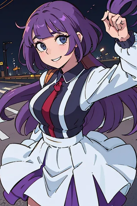 (melhor qualidade:0.8) Perfect anime illustration, Uma bela, mulher feliz com cabelo roxo longo ondulado na rua na cidade, vestindo um vestido branco com uma pose dando tchau