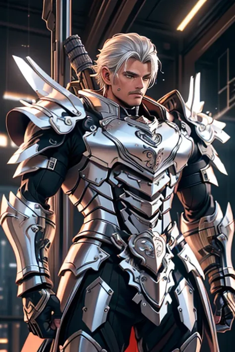 ((best quality)), ((masterpiece)), (detailed),High quality, Ultra detailed, best quality, insanely detailed, beautiful, masterpiece, Male, large, tanned skin, silver hair, bery short hair, full plate armor, mercenary, 40s,muscular