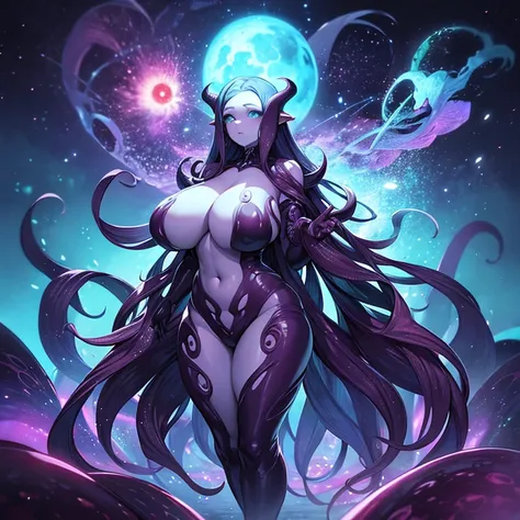 Eldritch creature, glowing creature, humanoid, voluptuous figure, tentacles, tendrils, in cosmos, stars and galaxies around