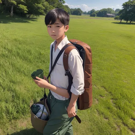  High resolution, Super detailed, masterpiece, highest quality,oriental、solo、boy、boy working in the field、grassland、basket backpack、Wearing traditional Japanese costumes、game poster、