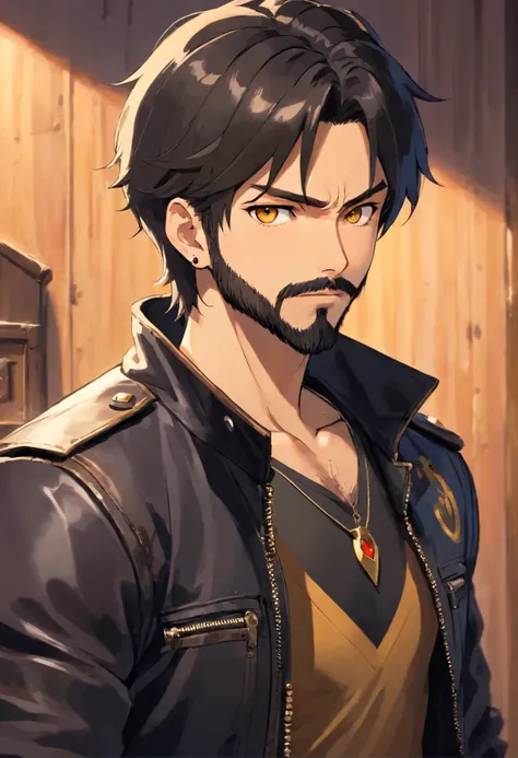 perfect face, handsome, male, golden eyes, thick beard, black hair, muscular body, leather jacket, early 30s, black stud earrings on both ears, pick necklace, front facing, headshot, slender eyebrows, slim pointy nose