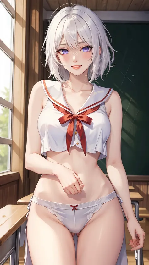 ((((masterpiece, best quality, high resolution)))), (1girl:1.5), ((short silky hair, white hair, purple eyes, sharp eyes)), (big breasts:1.2), (blushing), (cheeky smile, parted lips), glow, thighs, collarbone, narrow waist, (slender body figure), (beautifu...