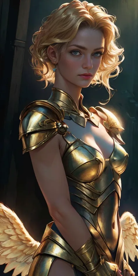 angel, armor gold (masterpiece, best quality, high resolution:1.4), 1girl, angel, skin pores texture, hair blonde, hd , photogra...