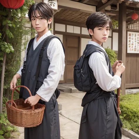  High resolution, Super detailed, masterpiece, highest quality,oriental、solo、boy、boy working in the field、basket backpack、Wearing traditional Japanese costumes、game poster、