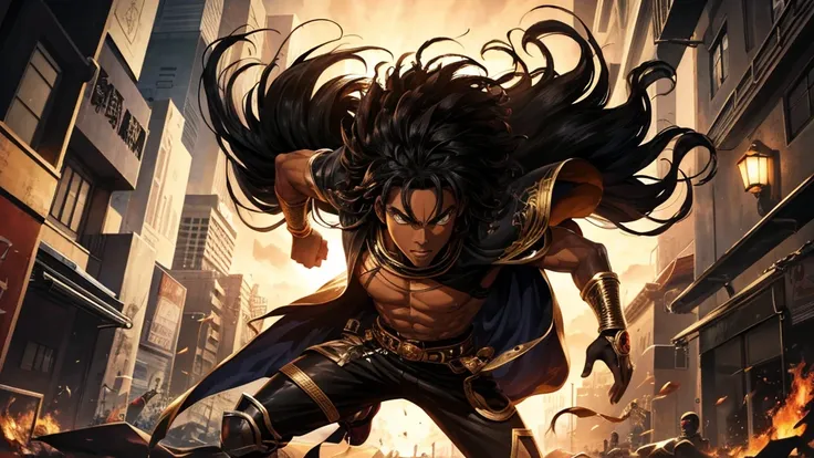 (best quality, highres, ultra-detailed:1.2), black African american anime ninja, dark brown skin, dark atmosphere, intense action, stealthy movements, dynamic poses, intense eyes, black afrocentric hair, black afro, intricate details, energetic background,...