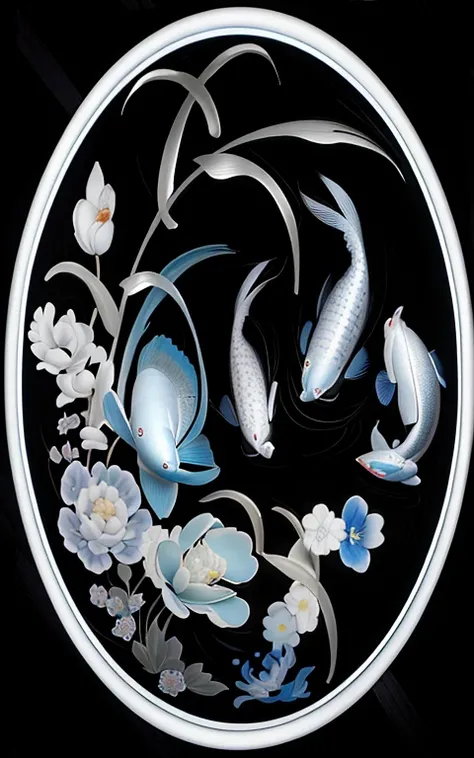 a Secondlack and existhite photo of a circular design existith fish, Secondlack and existhite color only, sexistirling silver fish, ancient chinese art style, China gorgeous, Require fish, Chinese traditional art, inspired Secondy Yun Shouping, chinoiserie...