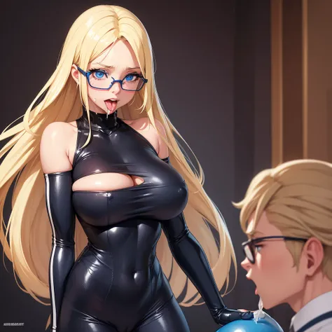 ((High quality)) blond girl with blue eyes in tight leggings and tongue out with glasses on and lots of spit dripping down her upper body with a horny look on her face show her full body 