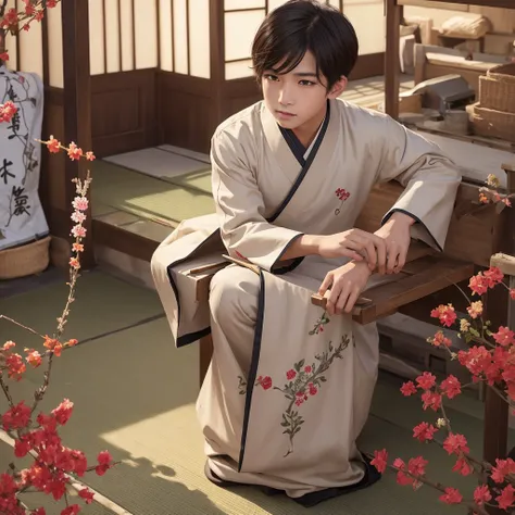  High resolution, Super detailed, masterpiece, highest quality,oriental、solo、boy、boy working in the field、Wearing traditional Japanese costumes、game poster、