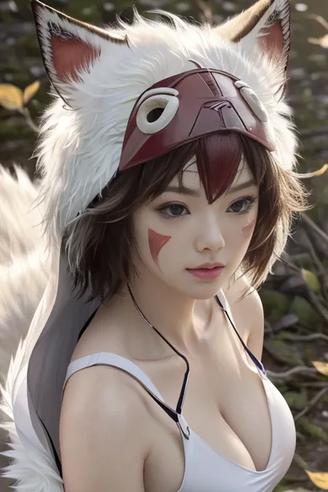 (software),(realism, ultrarealism,masterpiece, highest quality, 小型detailed), 1 girl, Wild Girl, glamor close up shot (From above) of beautiful (princessmononoke) Liar (Next to the wolf), (hugging a white fluffy wolf),  surrounded by leaves, fluffy, pixie c...