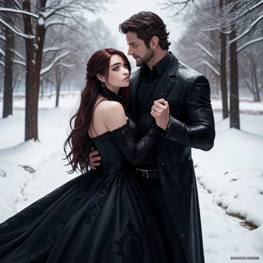 Pintura de una pareja enamorada, cae nieve sobre ellos. El hombre es gerard butler, tiene cabello muy largo negro, ojos azules, es dominante, vampiro, protector, serio y sensual. La mujer es tiene el cabello muy largo, es peliroja , amante, doncella.