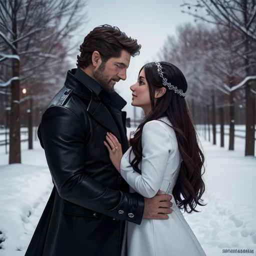 Pintura de una pareja enamorada, cae nieve sobre ellos. El hombre es gerard butler, tiene cabello muy largo negro, ojos azules, es dominante, vampiro, protector, serio y sensual. La mujer es tiene el cabello muy largo, es peliroja , amante, doncella.