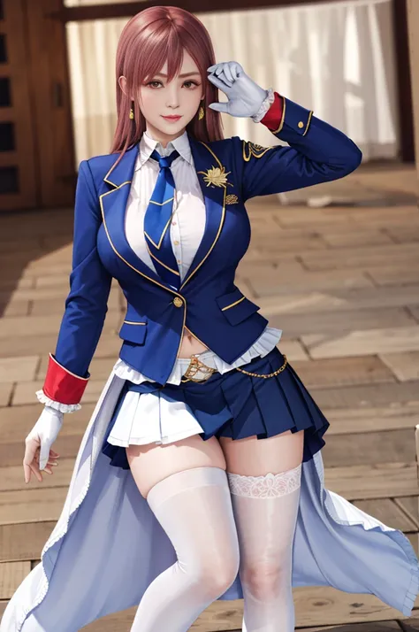 honoka, blue blazer, tie, pleated skirt, one glove, white thighhighs