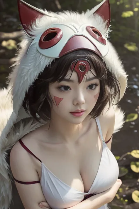 (software),(realism, ultrarealism,masterpiece, highest quality, 小型detailed), 1 girl, Wild Girl, glamor close up shot (From above) of beautiful (princessmononoke) Liar (Next to the wolf), (hugging a white fluffy wolf),  surrounded by leaves, fluffy, pixie c...