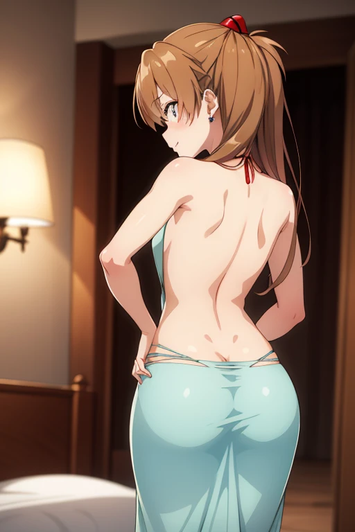 8k, beautiful and detailed, warm lighting,  1girl, souryuu asuka langley, (low back dress, backless maxi dress), narrow hips, formal party, mischievous look, stockings, small frame, jewelry, tease, skinny, long legs