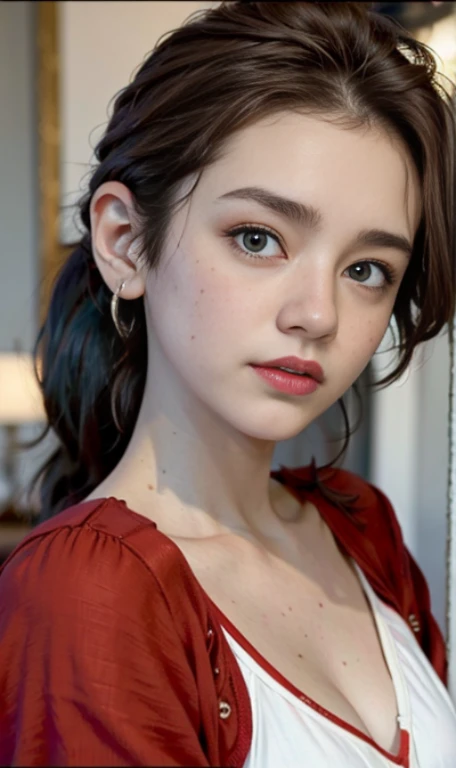 Photo of a 15 year-old American girl, .RAW, beautiful woman, (Long brown hair with ponytail), light brown hair ponytail hairstyle((retrato)), ((Cara detallada:1.2)), ((Detailed facial features)), (Piel finamente detallada), Pale skin , ojos azules , ropa d...