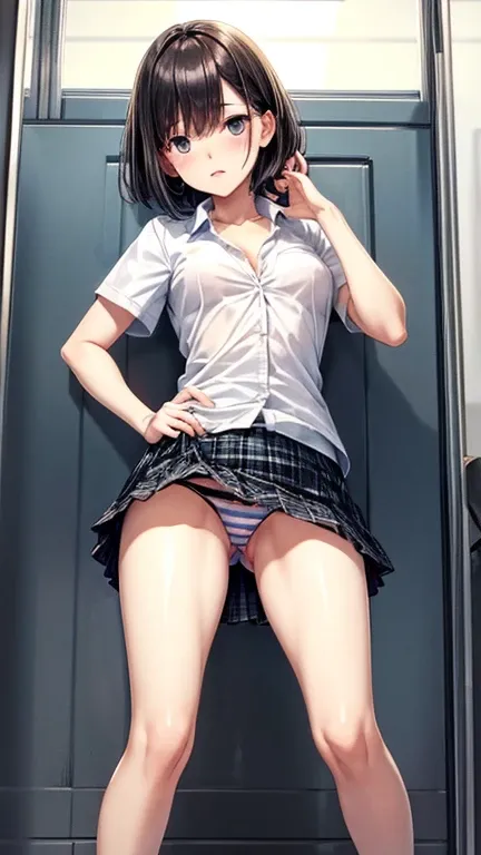 (best quality:1),(high_quality:1),1 girl,fullbody,pretty,pink lips,black hair,swet,BREAK {pixie cut hair}, bangs,flat chest,summer school uniform,tartan checkskirt,(horizontal striped panty), blush,BREAK,lift up skirt with right hand,hidden private, hidden...