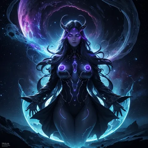 (best quality,4k,8k,highres,masterpiece:1.2),ultra-detailed,(realistic,photorealistic,photo-realistic:1.37),eldritch creature,glowing creature,humanoid,voluptuous figure,tentacles,tendrils,in cosmos,stars and galaxies around,ethereal,powerful,ominous,astra...