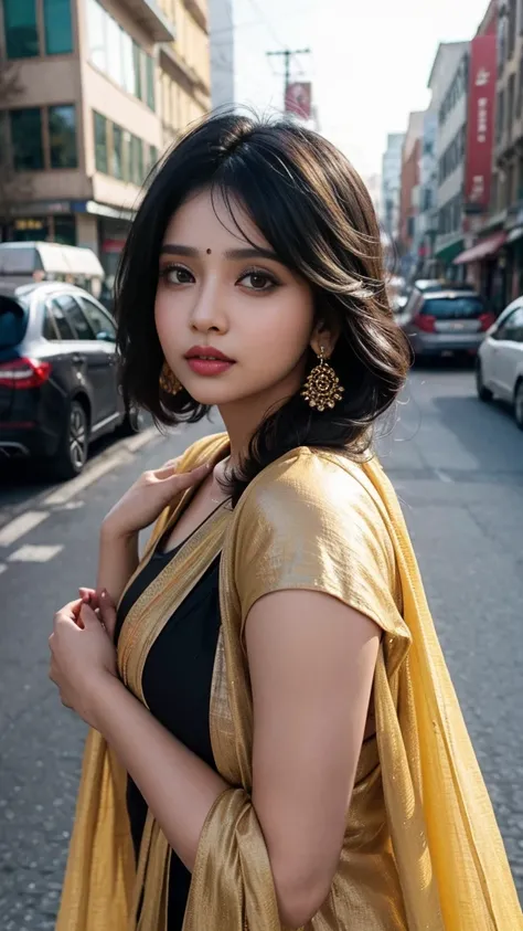 (((desi girl))), chubby face, natural skin, wearing hot deep neck top and dupatta, charming black hair, ((hair ends are blonde)), city streets background, bokeh