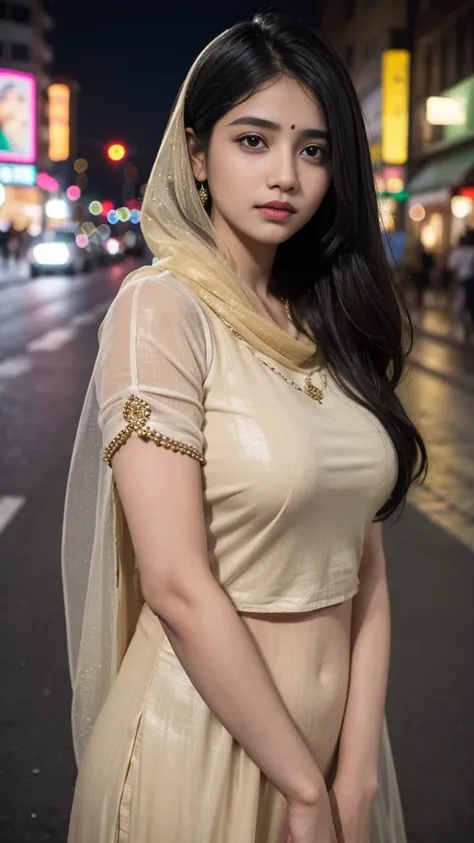 (((desi girl))), chubby face, natural skin, wearing hot deep neck top and dupatta, charming black hair, ((hair ends are blonde)), city streets background, bokeh