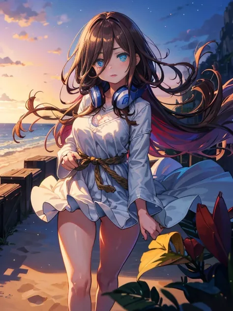 masterpiece, highest quality, 1 girl, (whole body), Miku, (brown hair), shy, blush,While strolling along the sandy sands of the beach、brown hair fluttering in the breeze, blue ruby eyes,(masterpiece:1.2), highest quality, High resolution, unity 8k wallpape...