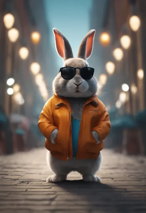 Perfect centering, Cute fat rabbit, Wear a jacket, Wearing sunglasses, Wearing headphones, cheerfulness, Standing position, Abstract beauty, Centered, Looking at the camera, Facing the camera, nearing perfection, Dynamic, Highly detailed, smooth, Sharp foc...