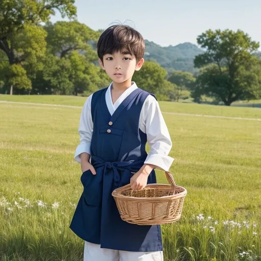  High resolution, Super detailed, masterpiece, highest quality,oriental、boy、boy working in the field、grassland、Basket Bag、Wearing traditional Japanese costumes、alone、